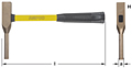 A non-sparking backing out hammer with a yellow handle and black grip. The word "AMPCO" is printed on the handle. The hammerhead is bronze-colored, featuring one flat end and a cylindrical end. A measurement arrow below indicates dimensions.